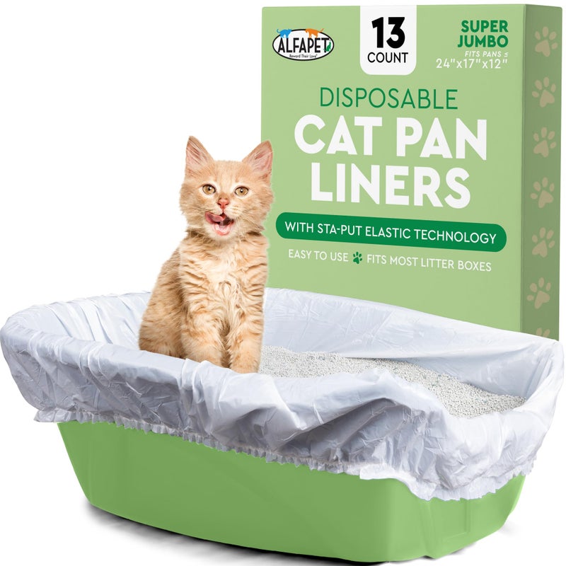 Alfapet Elastic Cat Litter Box Liners - Super Jumbo 13 Count - Tear-Resistant Cat Litter Bags, Waterproof Kitty Litter Liners - Fits Litterbox Pan Sizes X-Giant, Jumbo 42" x 20" x 2 MIL 30 lb Capacity - Image 1